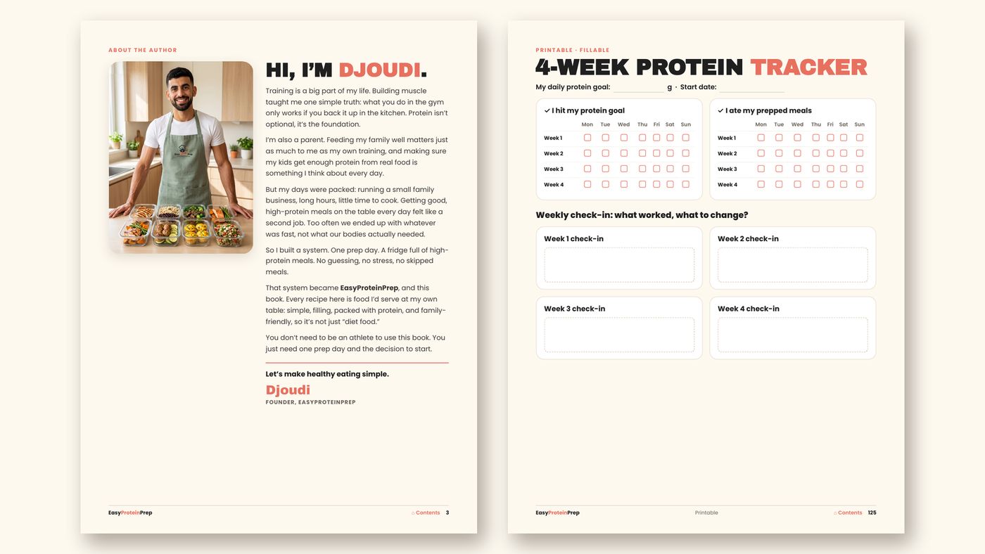 About the author and protein tracker pages